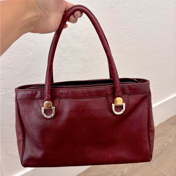 Vintage *Koret* Burgundy Genuine Leather Handbag Shoulder Bag Tote - Picture 1 of 7